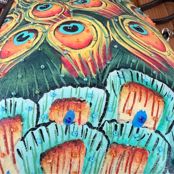 Sharif Peacock Feather Artsy Y2K Boho Crossbody w/Chain Shoulder Strap Statement - Picture 6 of 11